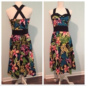 ModCloth colorful tropical print 50s dress